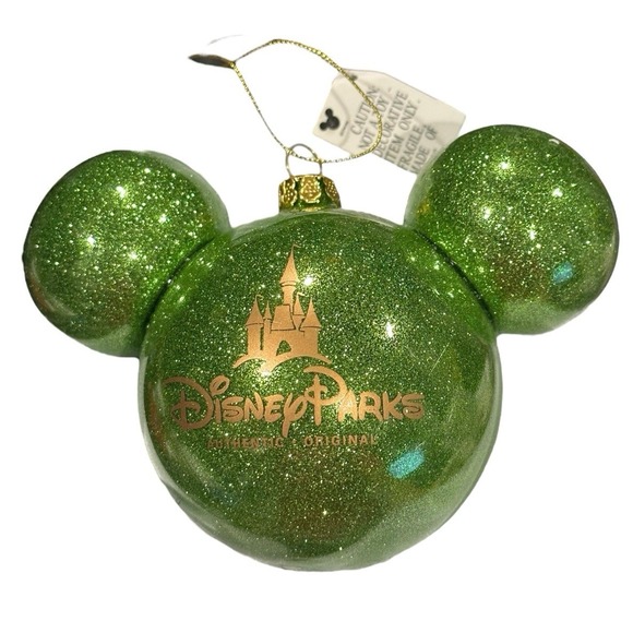Disney Other - RARE Disney Parks Mickey Icon Ears Glittery Glitter Glass Ball Green Ornament